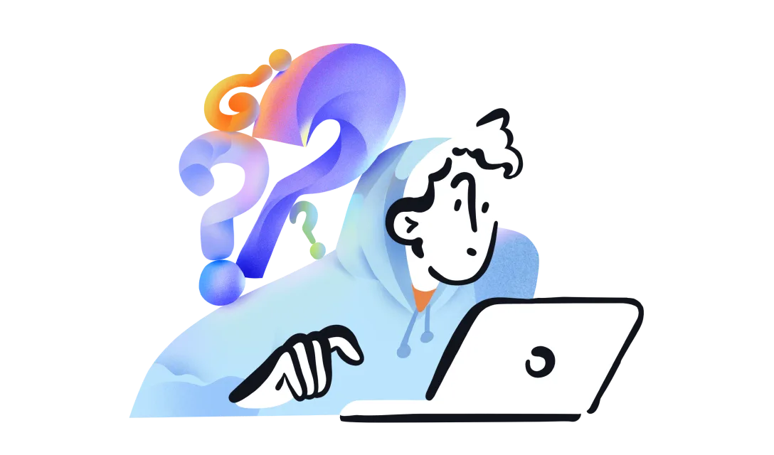 An illustrated person writing a message on a laptop